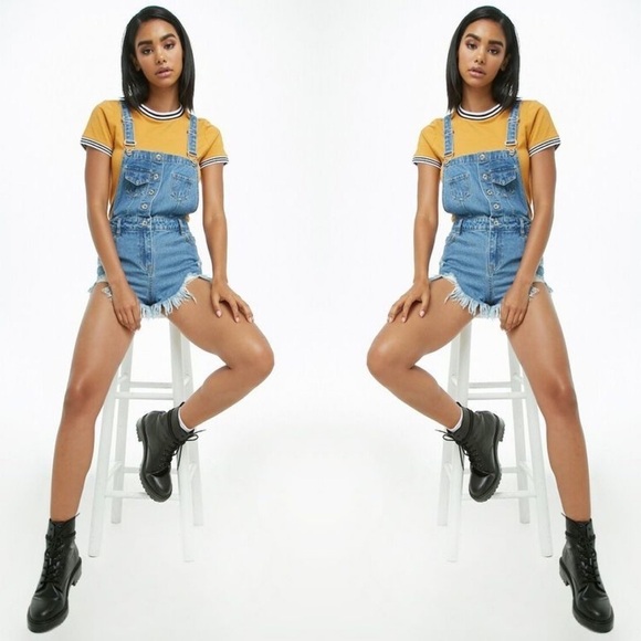 Forever 21 Overalls Cut Off Short Denim Jeans Medium M - Picture 8 of 8